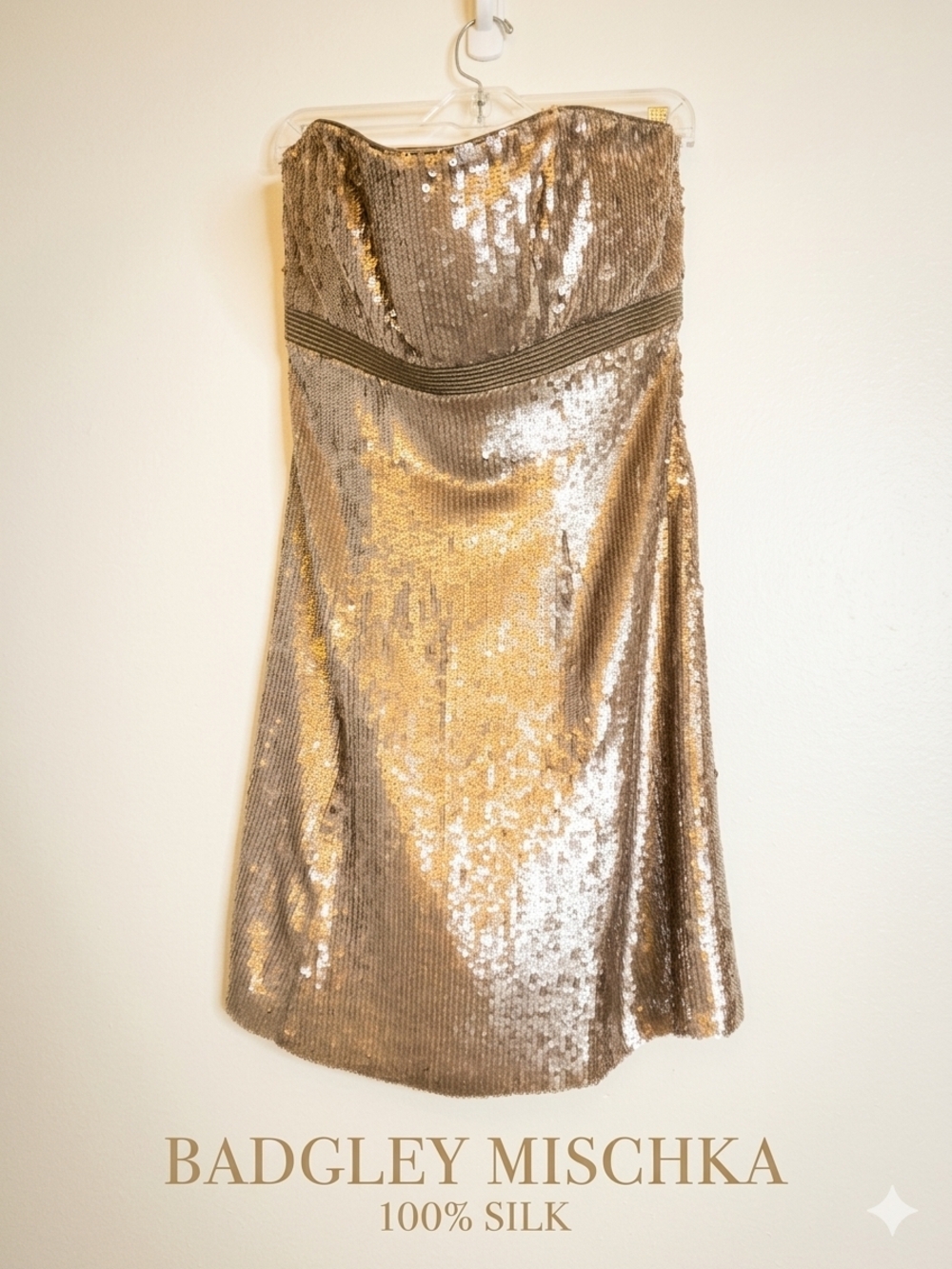 BM 100% Silk Strapless Sequin Cocktail Dress - Archive Glam Wedding Sz 4/6